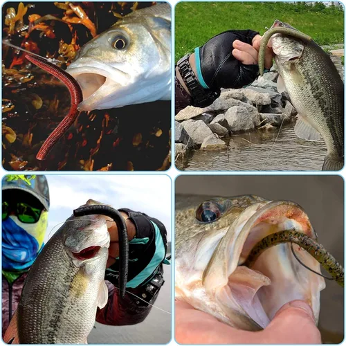 Miniatura 7 de PLUSINNO - Kit de señuelos de pesca Wacky Worm, señuelos de pesca de plástico suave, cebos de lombrices para anzuelo, aparejo loco para pesca de Kit