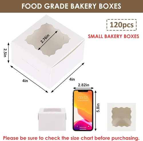 Miniatura 2 de Moretoes 120 cajas blancas para panadería, cajas de galletas de 4 x 4 x 2.5 pulgadas con ventana para pasteles pequeños, golosinas, donas, dulces