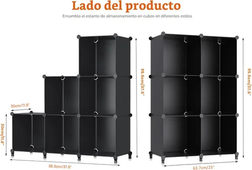 Miniatura 3 de HOMIDEC - Organizador de almacenamiento de 6 cubos, biblioteca con estantería y martillo de metal, organizador de cubos para niños, armario, Negro