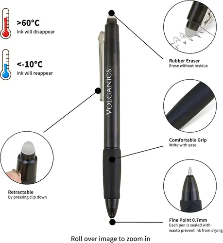 Miniatura 2 de Volcanics Bolígrafos de Gel Borrables Retráctiles Clicker - Punta de Bola de 0.7mm, Borrado por Calor con Borrador Integrado, Paquete de 12 Negro