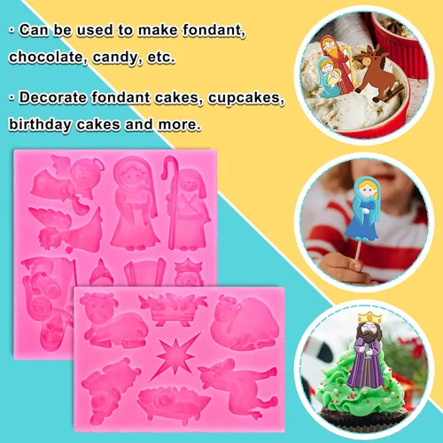Miniatura 4 de Whaline 2 moldes de silicona para fondant de Navidad, moldes de silicona para la noche de nacimiento, moldes para hornear con temática de nacimiento