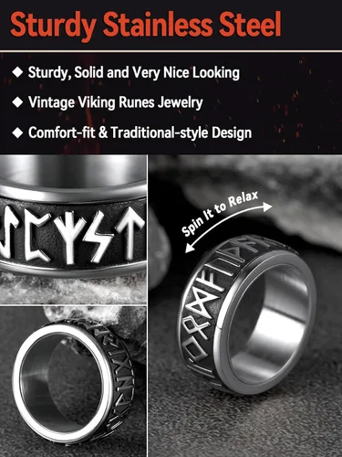 Miniatura 5 de FaithHeart Anillo giratorio nórdico vikingo con runas de acero inoxidable chapado en oro para hombres y mujeres, puede grabar personalizado