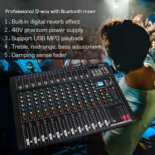 Miniatura 6 de Mezclador de audio de 12 canales, DT12 Studio, interfaz controladora de sonido para DJ, con unidad USB para entrada de grabación de computadora