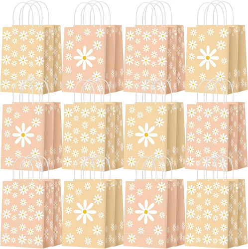 Outus 24 bolsas de regalo de margaritas para fiestas, bolsas de papel de regalo de flores bohemias con asas, bolsas de papel retro hippie para