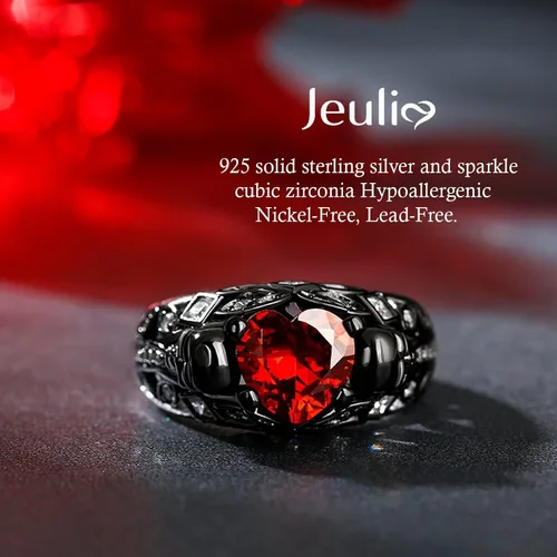 Miniatura 3 de Jeulia Juego de anillos de compromiso de calavera de 2.55 quilates, plata de ley con corte de corazón, diamantes rojos, anillos de rubí, circonita