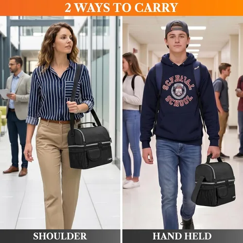 Miniatura 6 de Opux - Bolsa de almuerzo aislada de doble compartimento para hombres y mujeres Bolsa de almuerzo reutilizable con correa para el hombro, forro