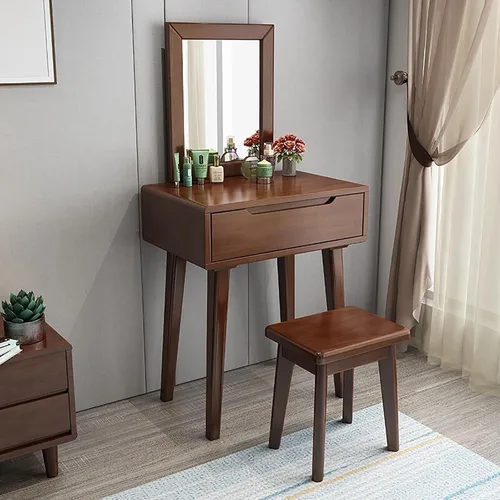 Miniatura 10 de Escritorio de tocador con espejo, juego de mesa de maquillaje con taburete acolchado y cajón, mesa de cosméticos, tocador de maquillaje pequeño