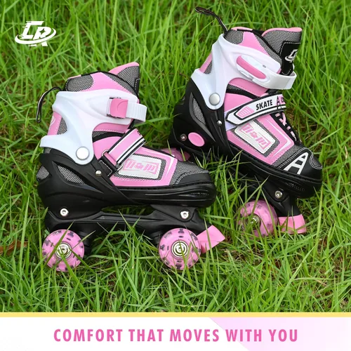 Miniatura 6 de Patines cuádruples ajustables para niños, adolescentes y adultos, ruedas iluminadas, ajuste cómodo, cierre seguro, patines para interiores