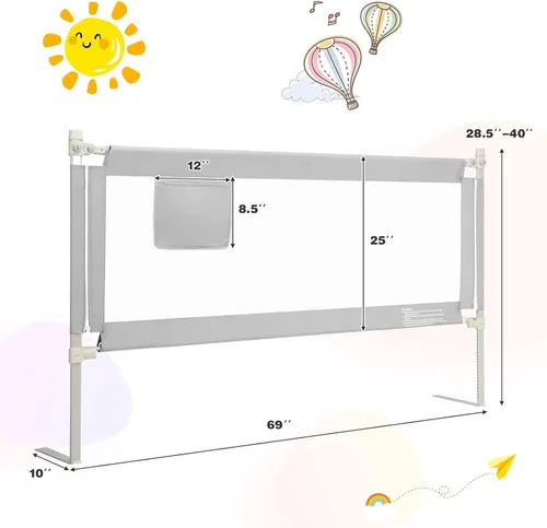 Miniatura 7 de BABY JOY Riel de cama para niños pequeños, 69 pulgadas, extra largo, altura ajustable y plegable, protector de riel de cama de bebé con bolsillo