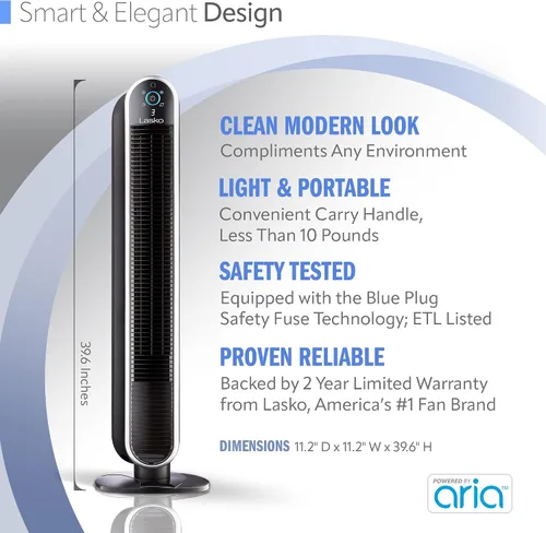Miniatura 5 de Lasko Aria™ T40733 Ventilador de torre inteligente WiFi de 5 velocidades de 40 pulgadas con modo oscuro: negro