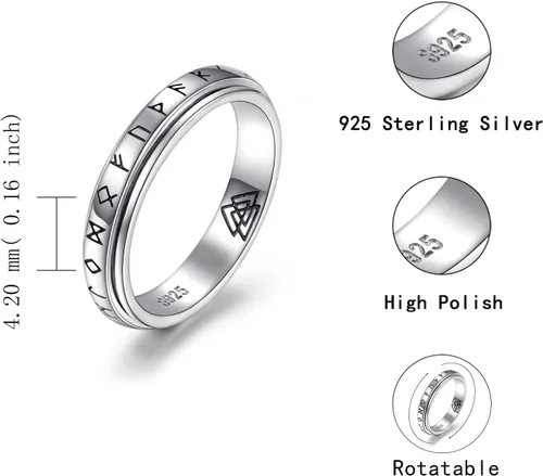 Miniatura 11 de 925 Sterling Silver Spinner Fidget Ring for Women: Musical Note Viking Rune Heartbeat Anxiety Stress Relieving Rotatable Ring Faith Hope Love