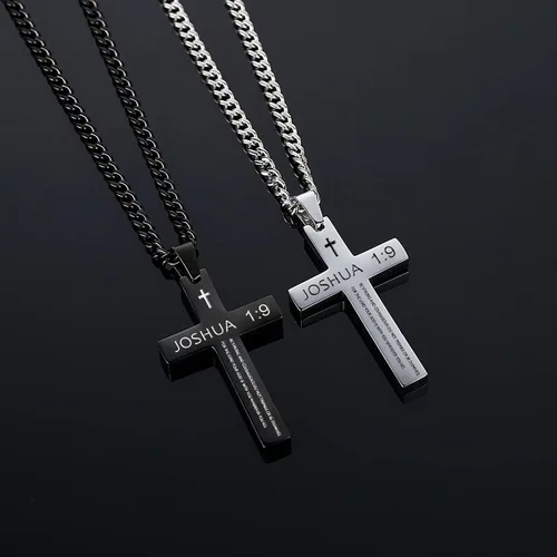 Miniatura 9 de REVEMCN Collar inspirador de cruz con versículo bíblico para hombres y niños, collar con colgante de cruz de plata negra lisa de acero inoxidable