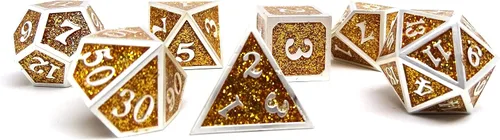 Miniatura 7 de Heroic Dice of Metallic Luster - Colección de 7 piezas de dados poliédricos de metal (dorado con fuente azul)