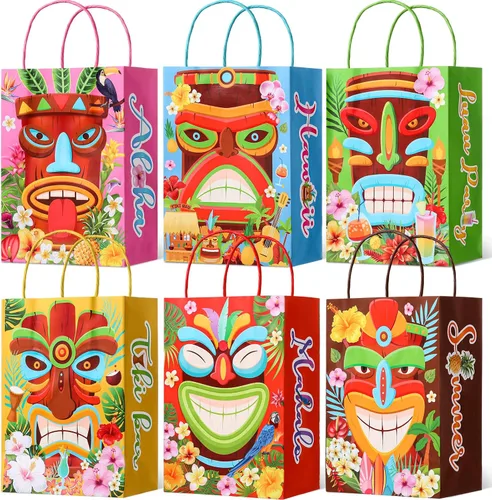 24 bolsas de regalo para fiesta Luau, bolsas de papel Aloha hawaianas, bolsas de regalo para fiesta Tiki, bolsas de regalo tropicales con asas,