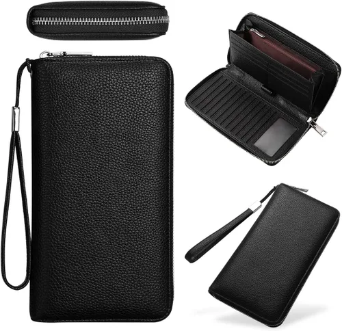 Miniatura 2 de Mitsoly Cartera larga de piel con bloqueo RFID para mujer, con cremallera alrededor de moneda, cartera de gran capacidad, 18 ranuras para tarjetas