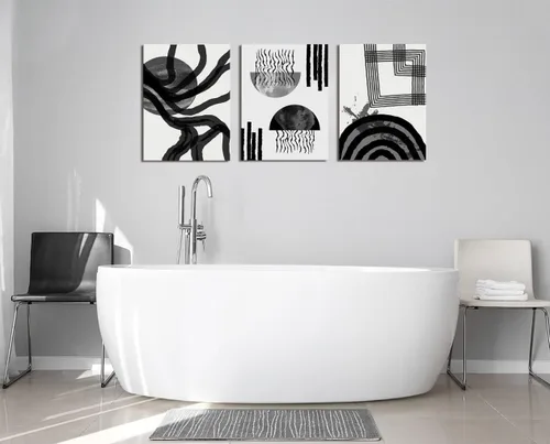 Miniatura 2 de Arte de pared abstracto bohemio en blanco y negro, 3 piezas, lienzo estirado y enmarcado, pintura de tinta fluida negra, arte de pared de línea