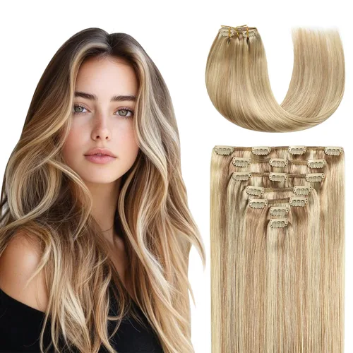 Miniatura 8 de Missme Extensiones de cabello humano real con broches, 14 pulgadas, 4.33 oz, 7 unidades, extensiones de cabello lacio invisible, sin costuras, doble