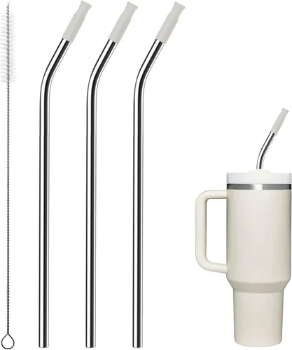 Miniatura 72 de Pajitas de metal rectas para vaso Stanley de 40 onzas, paquete de 3 popotes reutilizables de acero inoxidable con puntas de silicona y cepillo Gris