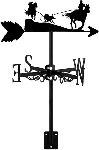 Miniatura 7 de Adorno de veleta negra con caballo Racer Rider, vaquero occidental y techo cruzado, indicador de dirección del viento para patio al aire libre