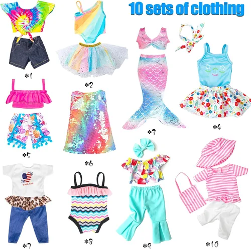 Miniatura 2 de 10 juegos de ropa de moda para muñecas de 18 pulgadas, incluye conjuntos, vestido de sirena, bikini, sombreros y bolsos de mano (muñeca no incluida)