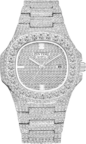 Miniatura 24 de Gosasa Reloj de pulsera unisex de cristal para hombre y mujer, reloj cubano con brillo completo, oblongo de plata/oro, reloj de pulsera de acero