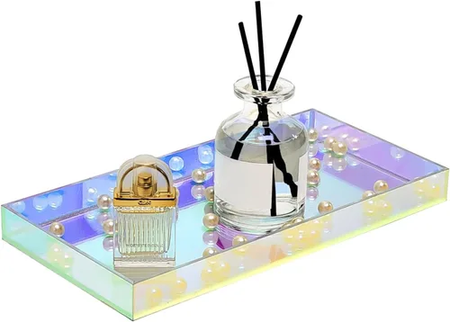 ROYALITA Bandeja de acrílico iridiscente de 10 x 5 pulgadas – Pequeñas bandejas acrílicas para perfumes, bandeja decorativa para encimera de baño,