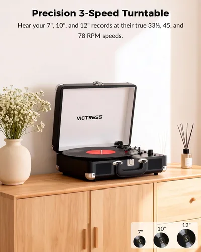 Miniatura 2 de Tocadiscos de vinilo con entrada y salida Bluetooth, tocadiscos portátil vintage de maleta, tocadiscos LP de 3 velocidades con conversión de vinilo