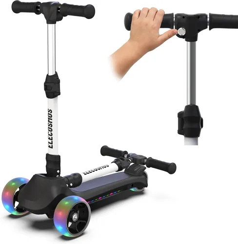 ELECOSMOS Patinete Eléctrico Seguro para Niños de 4+, Equilibrio para Principiantes, Acelerador de Pulgar, Cubierta con Luces Intermitentes, Ruedas