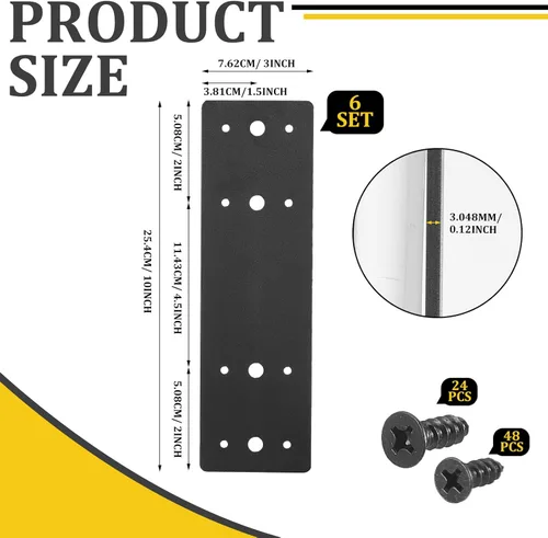 Miniatura 2 de Tandefio 6 placas planas rectas de acero de 10 x 3 pulgadas, placa de reparación de metal negro con soporte de unión de fijación de agujeros con 72