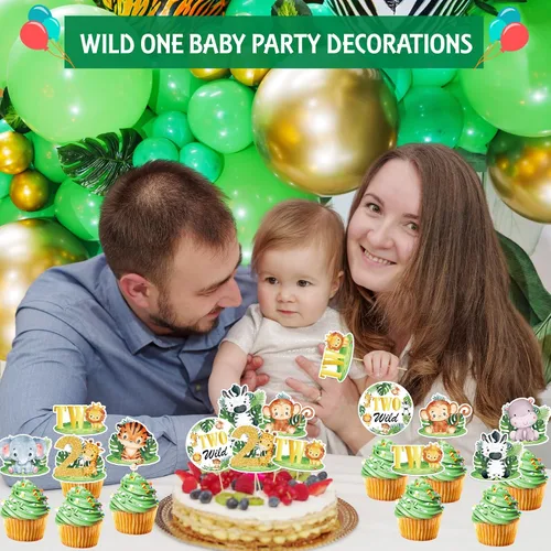 Miniatura 6 de Weecent 48 adornos para cupcakes salvajes, dos decoraciones de cumpleaños salvajes para niños, decoración de tartas de animales de la selva, Dos