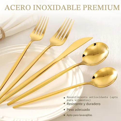 Miniatura 4 de Juego de cubiertos Astercook de 48 piezas en color dorado con cuchillos de carne, juego de cubiertos de acero inoxidable de grado alimenticio