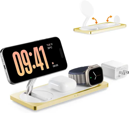 Estación de carga 3 en 1 para dispositivos Apple: Usada para estación de carga de iPhone y reloj con soporte de cargador Magsafe, cargador Amarillo