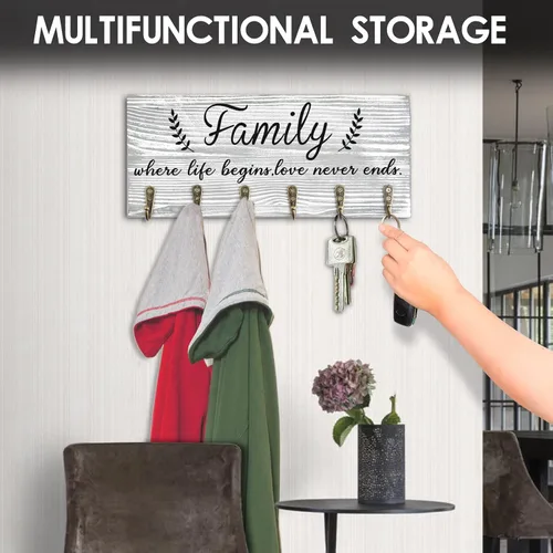 Miniatura 3 de AHYS Soporte de pared para llaves de pared, decoración de pared familiar, colgador de llaves de madera con 6 ganchos para decoración de casa