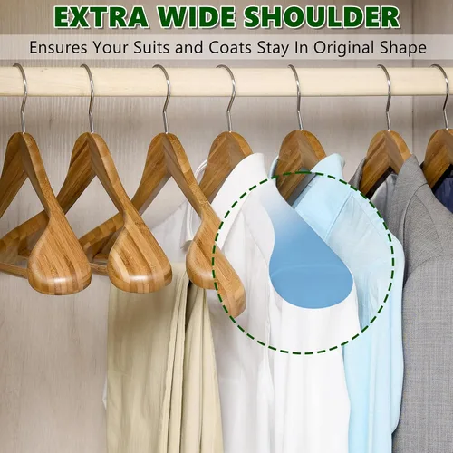 Miniatura 3 de Amber Home Paquete de 6 Perchas de Traje de Madera de Bambú Natural de Hombros Anchos, Perchas de Ropa de Bambú con Barra para Pantalones, Perchas
