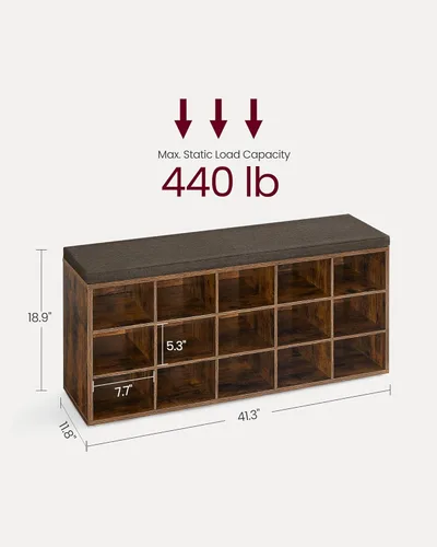 Miniatura 3 de VASAGLE - Colección CUSTOS - Banco para guardar zapatos, banco de almacenamiento con asiento acolchado, banco para recibidor con 15 compartimentos