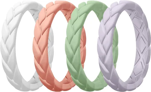 Miniatura 45 de Egnaro Anillos de boda de silicona para ella, conjuntos de novia de goma para mujer, bandas finas, diseño trenzado de hojas apilables con ranuras
