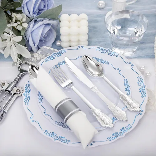 Miniatura 3 de DaYammi 350 piezas de platos de plástico azules y blancos desechables para fiestas, incluyen 50 platos de cena, 50 platos de postre, 50 servilletas