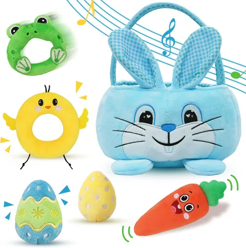 Juego de canasta de Pascua para bebé, 6 unidades, cesta de Pascua personalizada con conejito azul, pollo, zanahoria, huevo, rana, cesta de Pascua,