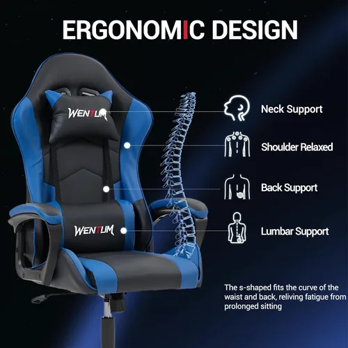 Miniatura 4 de Silla gamer de piel sintética con masaje, para PC y videojuegos, con soporte lumbar para hombres y mujeres, para el hogar y la oficina, altura Azul