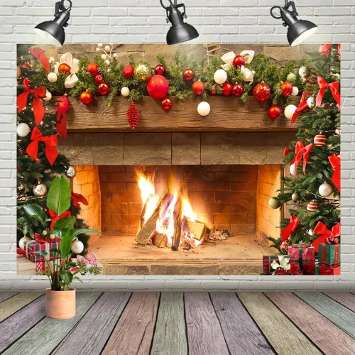 Miniatura 7 de Lofaris Telón de fondo de chimenea de Navidad de 5 x 3 pies, diseño vintage de árbol de fuego, medias rojas, regalos de fondo de fotografía