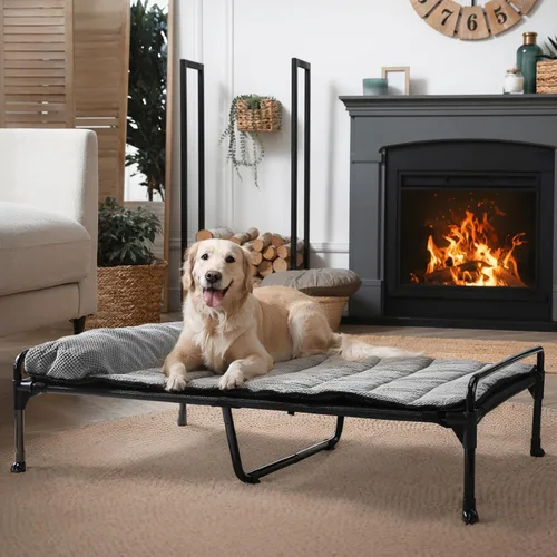 Miniatura 7 de Veehoo Cama elevada para perros + cojín acolchado extraíble, cama refrescante para perros interiores y exteriores con barandilla para perros