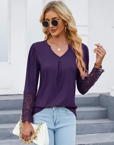Miniatura 2 de BLITYA Blusas casuales con cuello en V para mujer, camisas de manga de encaje