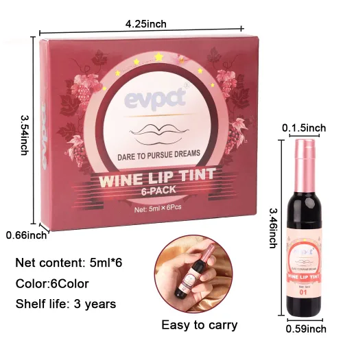 Miniatura 7 de Juego de 6 labiales líquidos de larga duración para mujeres; juego de brillos labiales líquidos permanentes y que duran 24 horas, color rojo vino