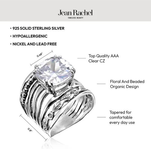 Miniatura 5 de JEAN RACHEL JEWELRY Anillo de plata de ley 925 con circonita cúbica en forma de cojín de 0.472 in, diseño vintage, hipoalergénico, sin plomo ni