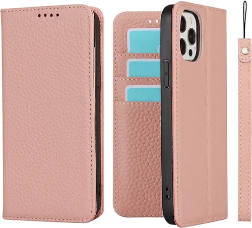 Miniatura 17 de iCoverCase Compatible con iPhone 13 Pro Max, funda magnética de piel auténtica con bloqueo RFID, correa para la muñeca y ranuras para tarjetas, Rojo