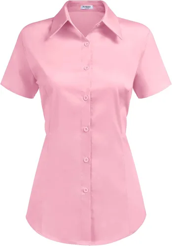 Miniatura 11 de HOTOUCH - Camisas básicas con botones para mujer de manga corta elásticas con cuello de botón para mesera y trabajo