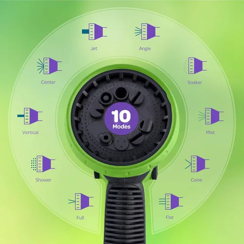 Miniatura 3 de Boquilla de manguera [Verde] Rociador de manguera resistente con 10 patrones de riego ajustables. Diseño de control con pulgar, agarre ergonómico