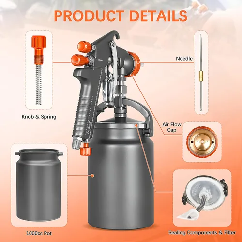 Miniatura 7 de REFINE Pistola pulverizadora, pistola de pulverización de aire con sifón, boquilla de 0.071 in, taza de aluminio de 1000 cc, proceso especial, fácil