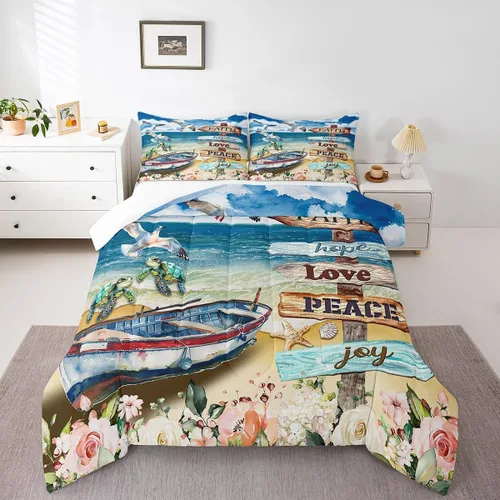 Miniatura 13 de Castle Fairy Juego de edredón de verano para niños, tamaño individual, diseño náutico reversible con diseño náutico de estrellas de mar, barco y Azul