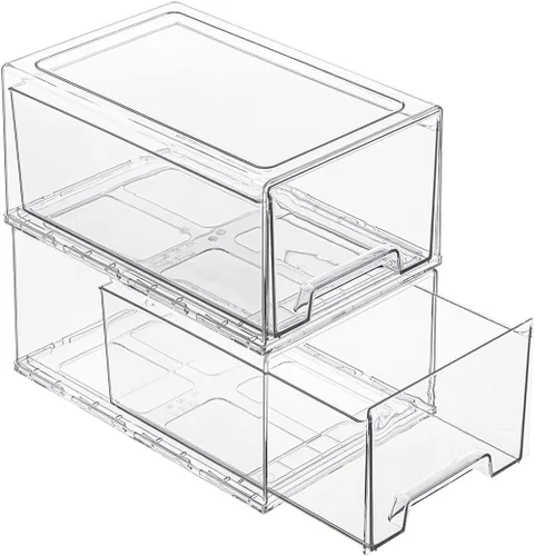 Miniatura 10 de PeJeyiee - Paquete de 2 cajones apilables extraíbles, organizadores de plástico transparente con asas, fácil de limpiar para debajo del fregadero